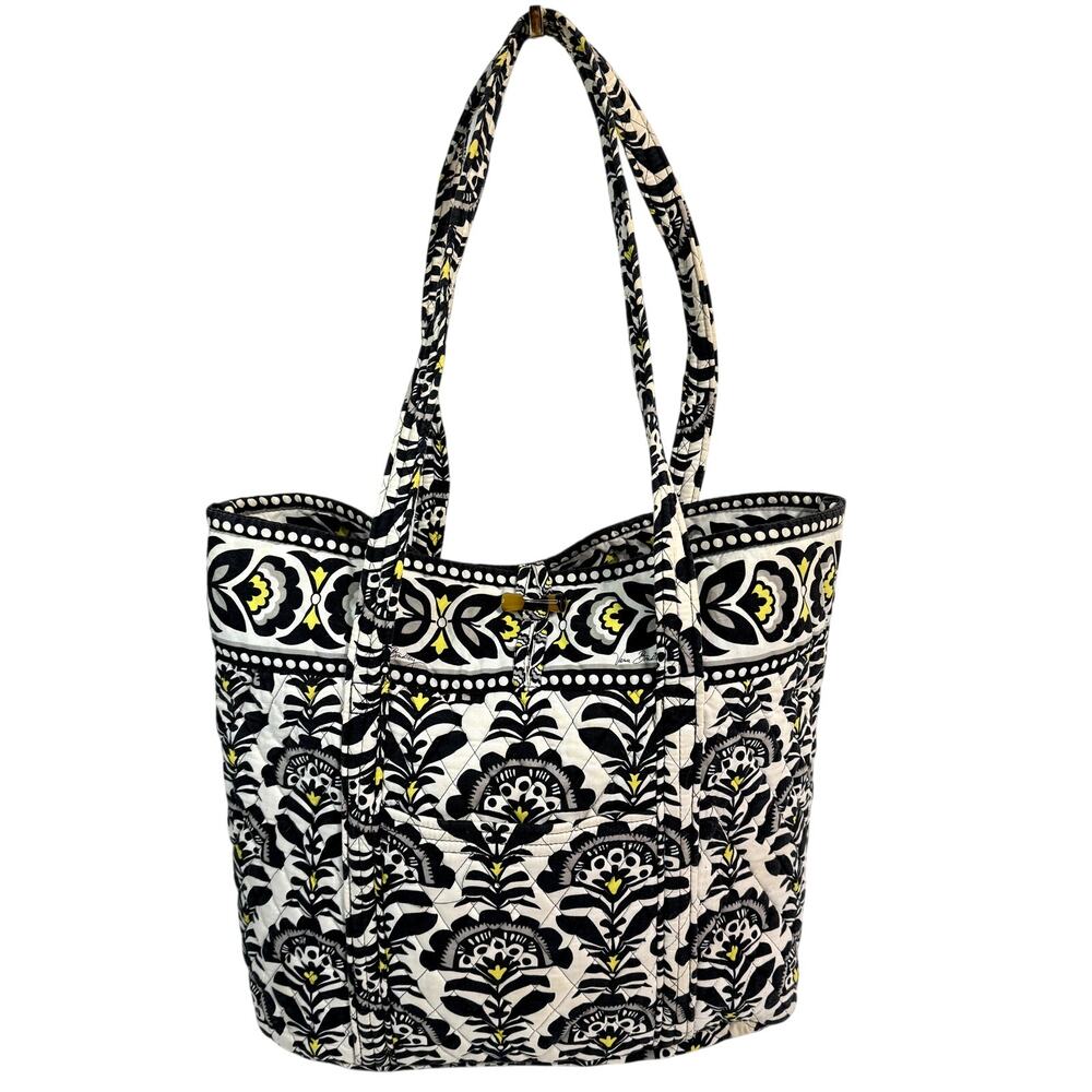 Vera Bradley Fanfare Large Tote Retired Black White Yellow Quilted Travel Bag